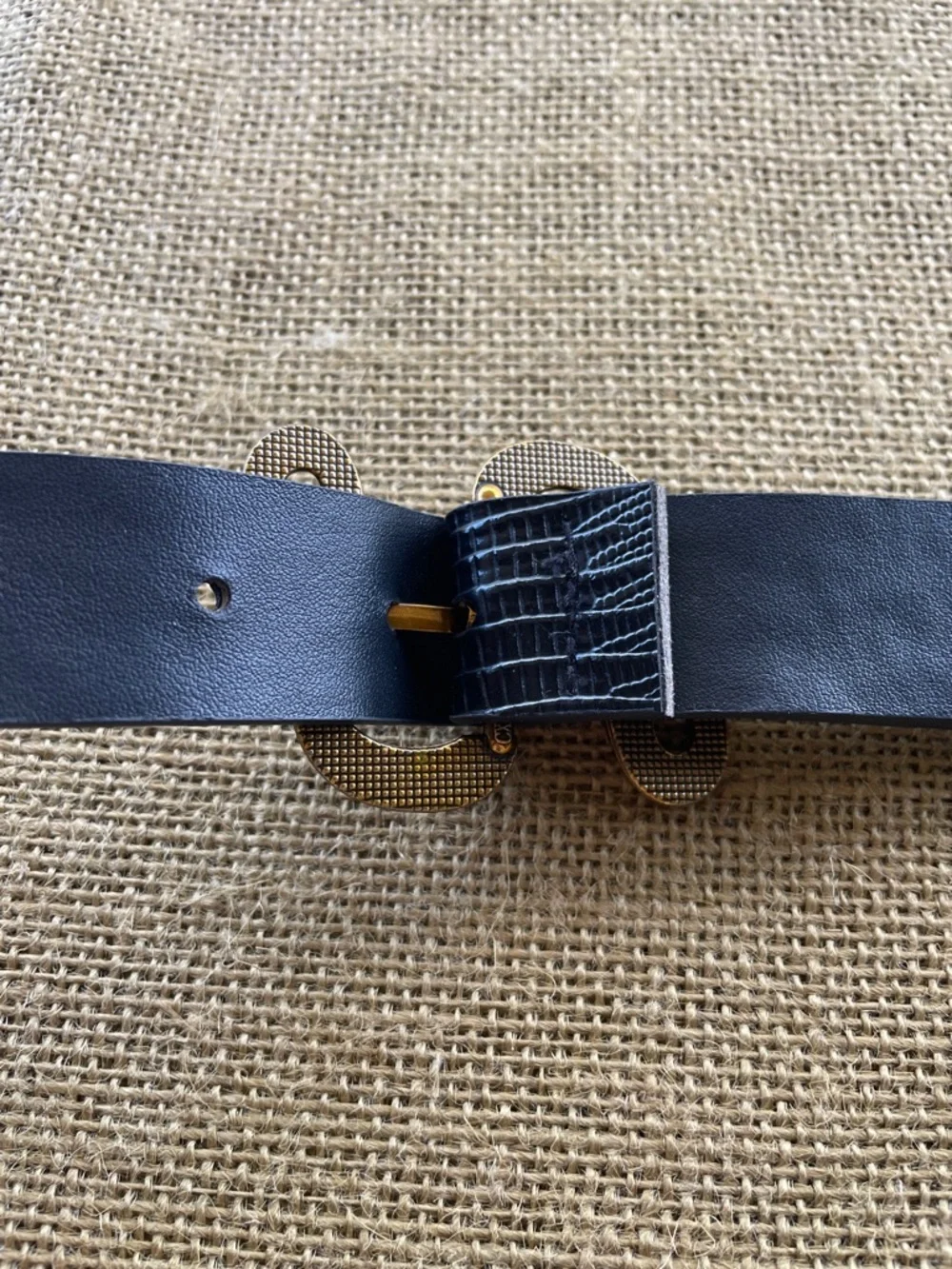 Faux Croc Textured Leather Belt with Gold-Tone Double Snake Buckle Accent
